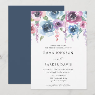 Midnight Blooms Purple and Blue Floral Wedding Invitation