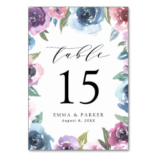 Midnight Blooms   Purple and Blue Floral Wedding Table Number