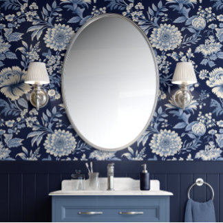 Midnight Blossom - Blue and White - Traditional Wallpaper