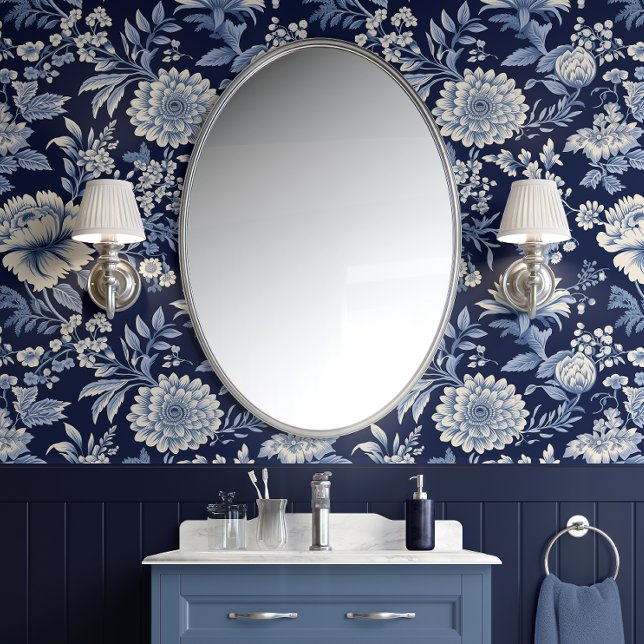 Midnight Blossom - Blue and White - Traditional Wallpaper (Bathroom Peel & Stick Wallpaper)