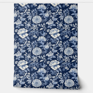 Midnight Blossom Petite - Blue and White Wallpaper