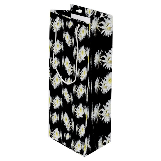 Midnight Blossoms: White Cactus Flowers On Black Wine Gift Bag (Front Angled)