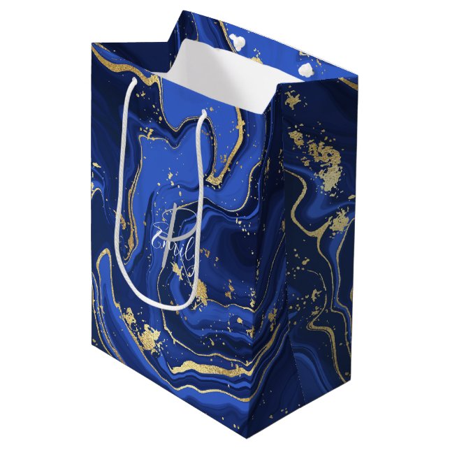 Midnight Blue Agate  Abstract Name Monogram   Medium Gift Bag (Front Angled)
