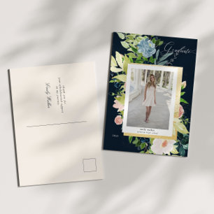 Midnight Blue And Blush Floral Photo Graduation Announcement Postcard