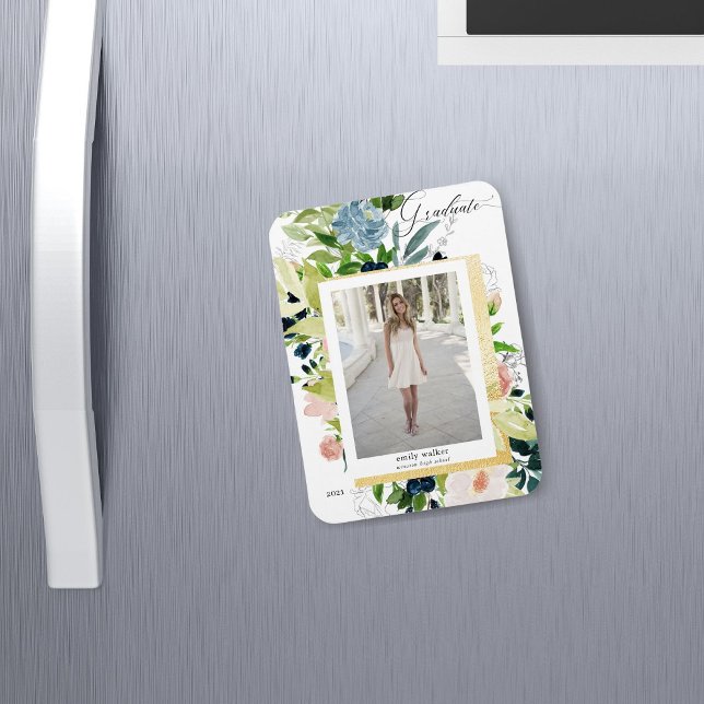 Midnight Blue And Blush Floral Photo Graduation Magnet (Creator Uploaded)