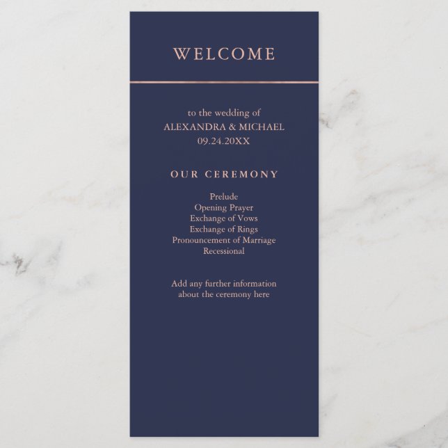Midnight Blue and Faux Rose Gold Border Program Programme (Front)