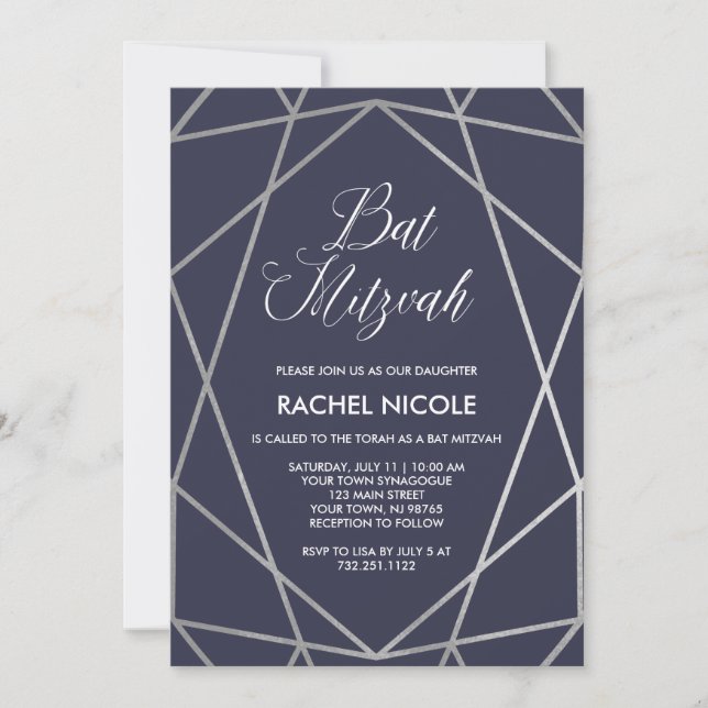 Midnight Blue and Geometric Lines | Bat Mitzvah Invitation (Front)