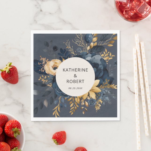 Midnight Blue and Gold Floral Wedding Paper Napkin (Insitu)