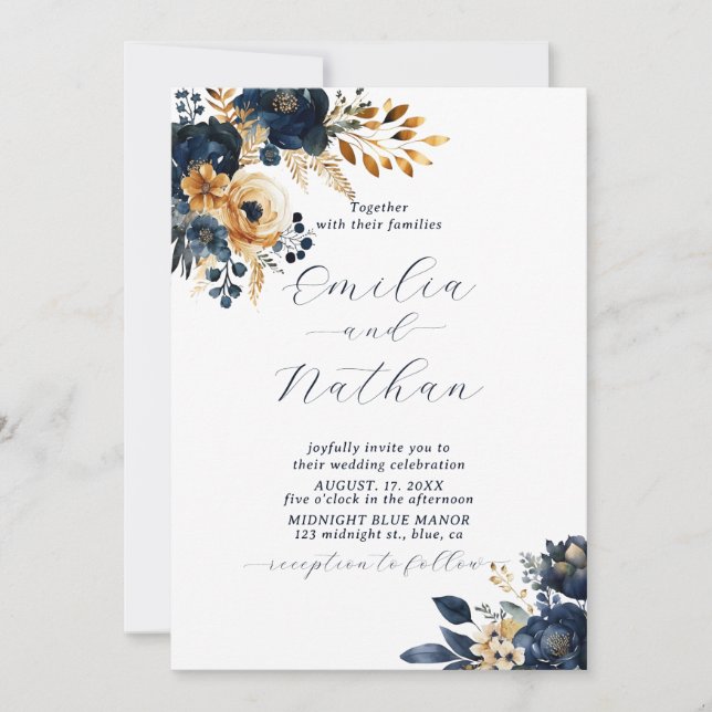 Midnight Blue and Gold Flowers Wedding Invitation (Front)