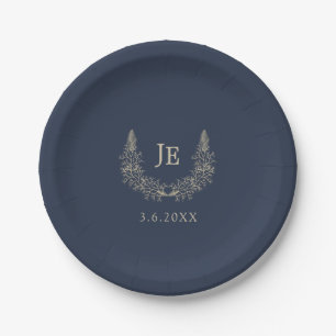 Midnight Blue and Gold Initials Wedding Paper Plate