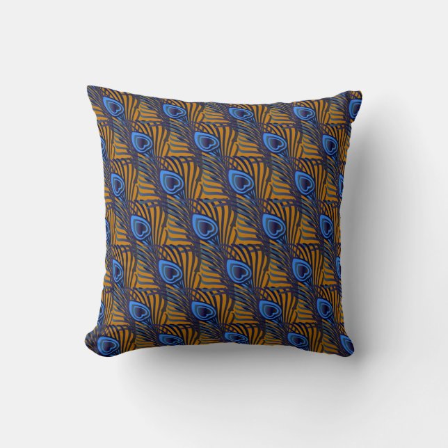 Midnight blue and orange peacock feather pattern cushion (Front)