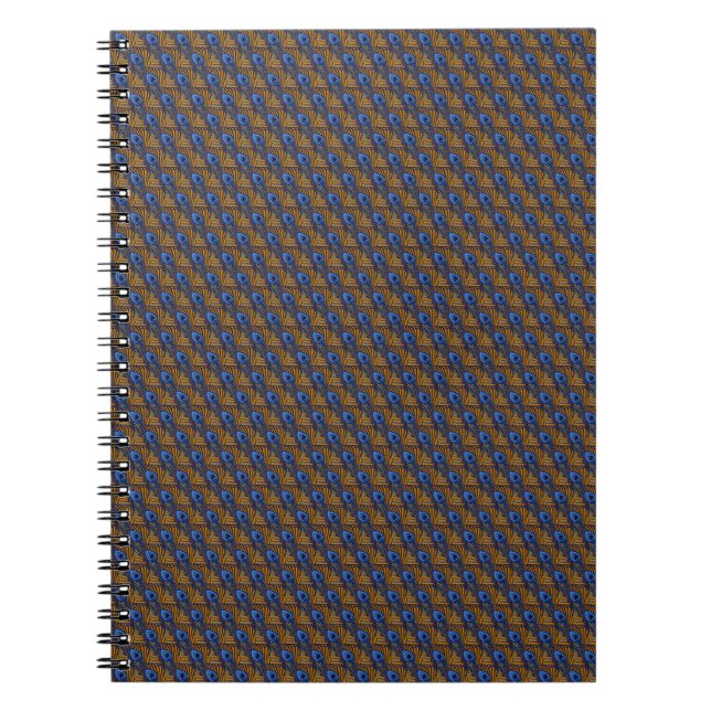 Midnight blue and orange peacock feather pattern spiral notebook (Front)