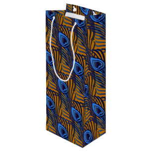 Midnight blue and orange peacock feather pattern wine gift bag
