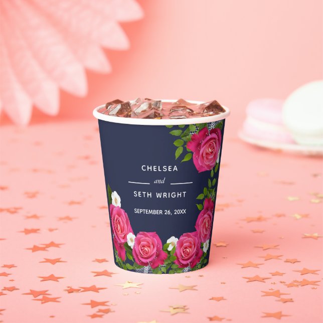 Midnight Blue and Pink Rose Paper Cups (Insitu)