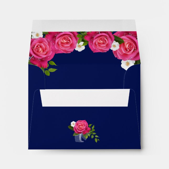 Midnight Blue and Pink Rose Wedding Envelope (Back (Bottom))