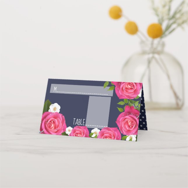 Midnight Blue and Pink Rose Wedding Place Card (Front)
