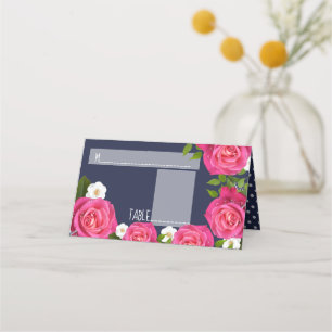 Midnight Blue and Pink Rose Wedding Place Card