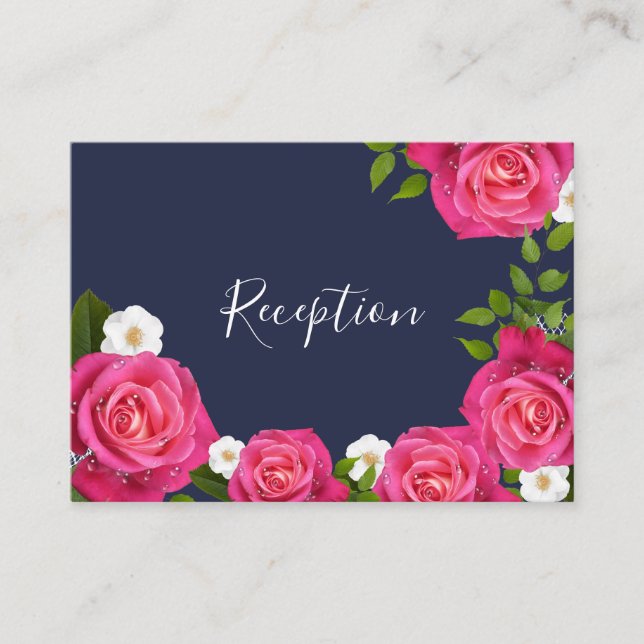 Midnight Blue and Pink Rose Wedding - Reception Enclosure Card (Front)