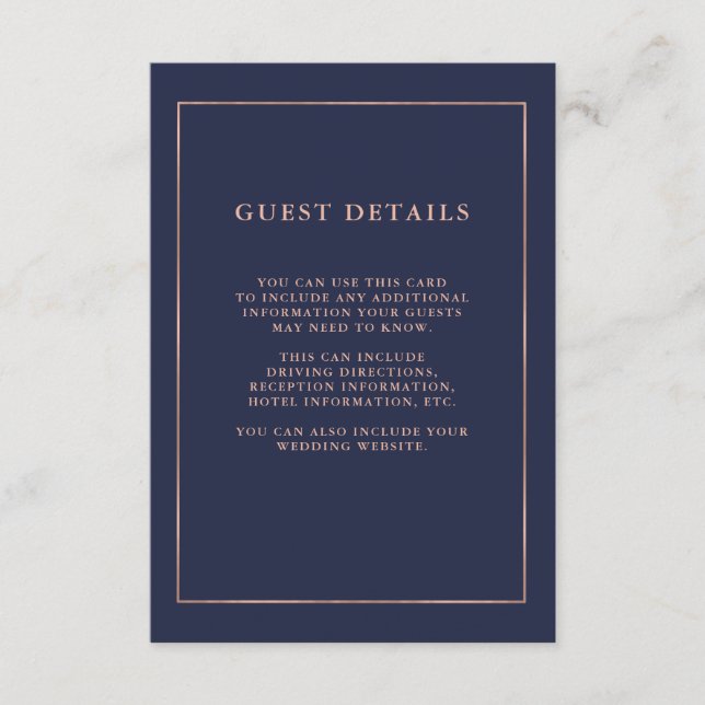 Midnight Blue and Rose Gold Border Guest Details Enclosure Card (Front)