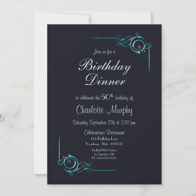 Midnight Blue and Turquoise 50th Birthday Dinner Invitation (Front)