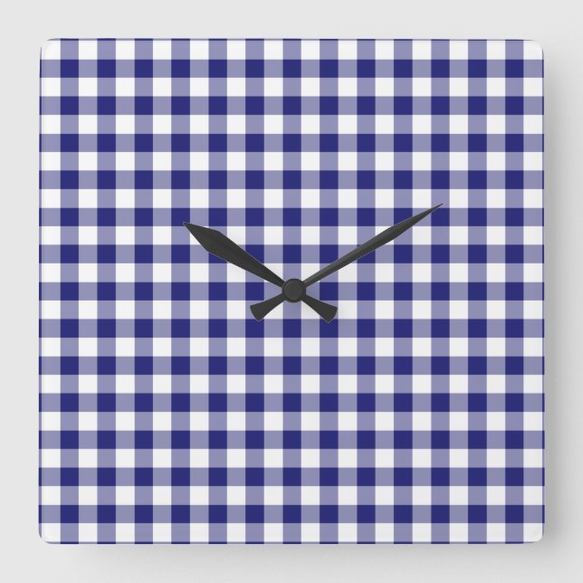Midnight Blue And White Checked Gingham Pattern Square Wall Clock (Front)