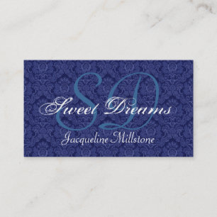 Midnight Blue and White Damask Custom Monogram Business Card