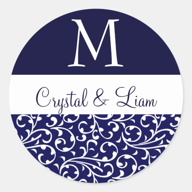 MIDNIGHT BLUE and WHITE Damask Wedding Monogram Classic Round Sticker (Front)