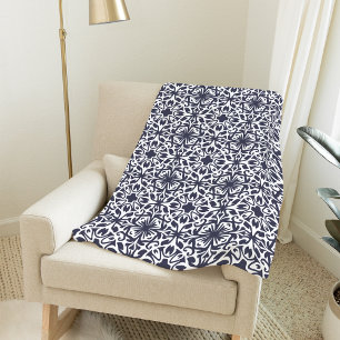 Midnight Blue and White Spanish Tile Pattern Fleece Blanket