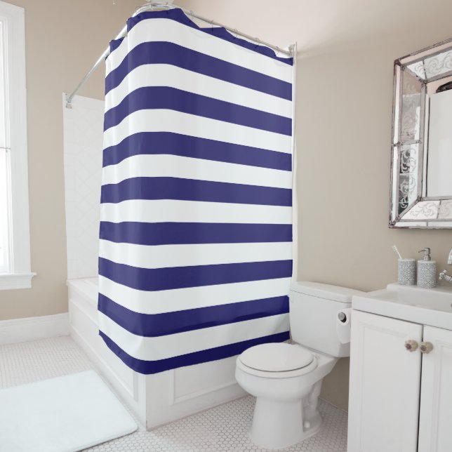 Midnight Blue and White Striped Shower Curtain (In Situ)