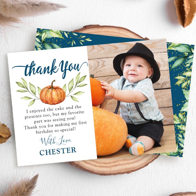 Midnight Blue Autumn Pumpkin Birthday Photo Thank You Card (Creator Uploaded)