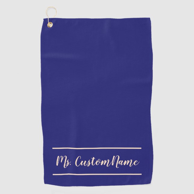 Midnight Blue Background and Bisque Elegant Name Golf Towel (Front)