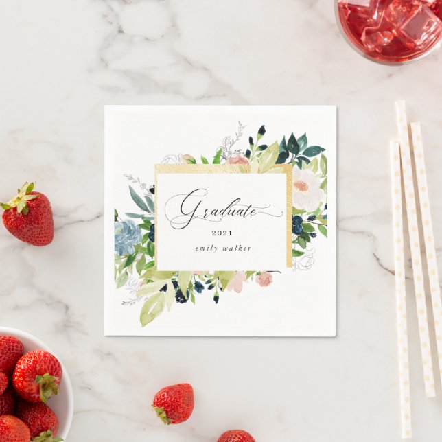 Midnight Blue Blush Floral Graduation Card Napkin (Insitu)