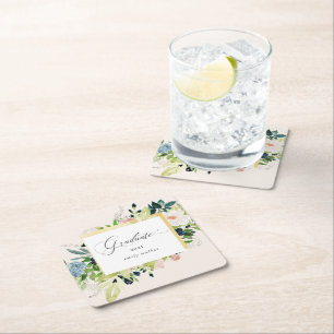 Midnight Blue Blush Floral Graduation Square Paper Coaster