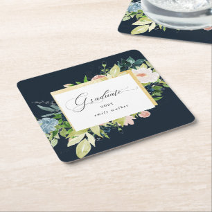 Midnight Blue Blush Floral Graduation Square Paper Coaster