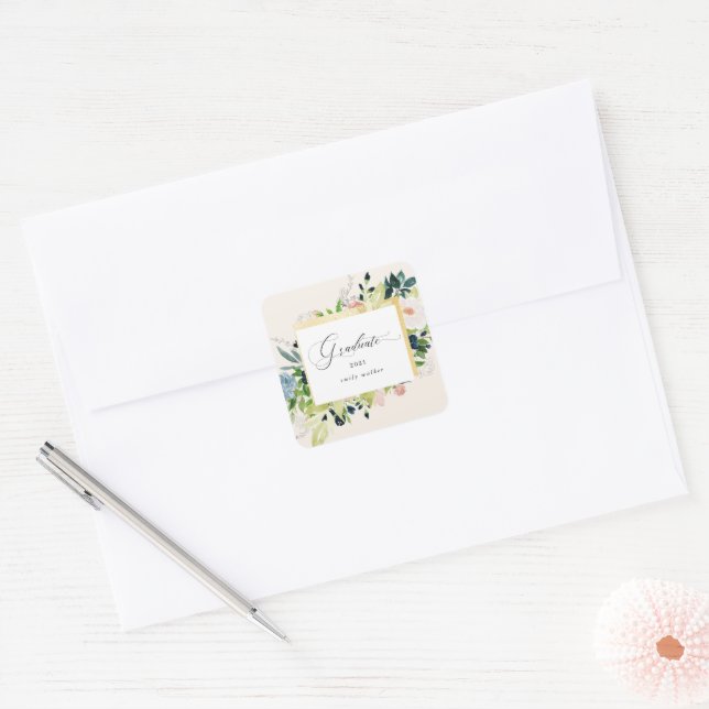 Midnight Blue Blush Floral Graduation  Square Sticker (Envelope)