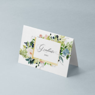 Midnight Blue Blush Floral Photo Folded Graduation Card