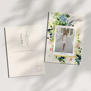 Midnight Blue Blush Floral Photo Graduation Announcement Postcard