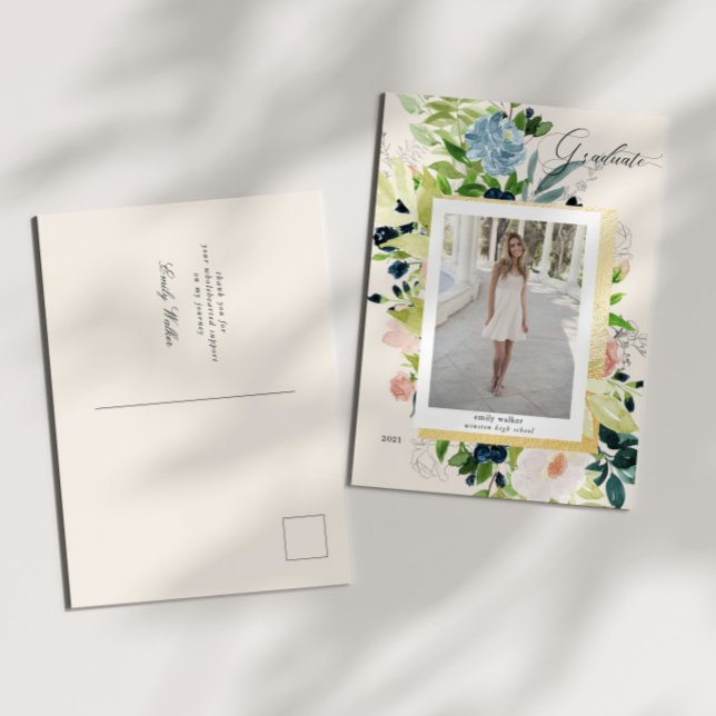 Midnight Blue Blush Floral Photo Graduation Announcement Postcard (Creator Uploaded)