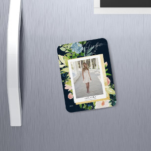 midnight blue blush floral Photo Graduation Card M Magnet