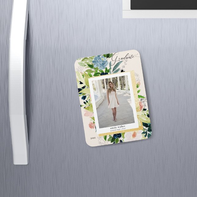 Midnight Blue Blush Floral Photo Graduation Magnet (Creator Uploaded)