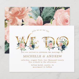 midnight blue blush floral we do wedding invitation