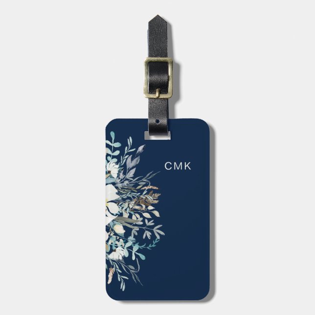 Midnight Blue Botanical Floral Luggage Tag (Front Vertical)