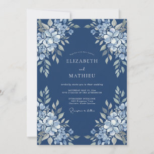 Midnight Blue Botanical Watercolor Wedding Invitation