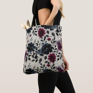 Midnight Blue Burgundy Inky Floral Almond Beige Tote Bag