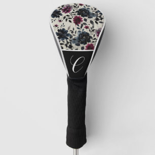 Midnight Blue Burgundy Inky Floral Almond Golf Head Cover