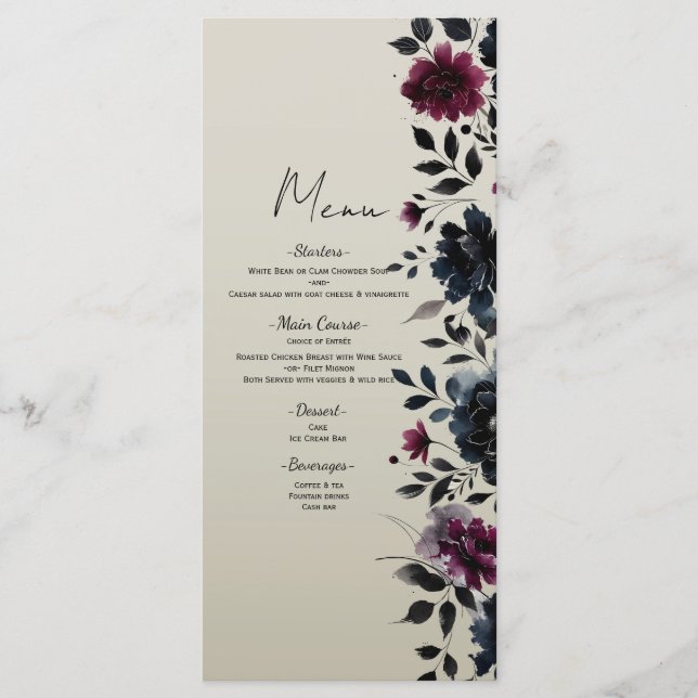 Midnight Blue Burgundy Inky Floral Almond Menu (Front)