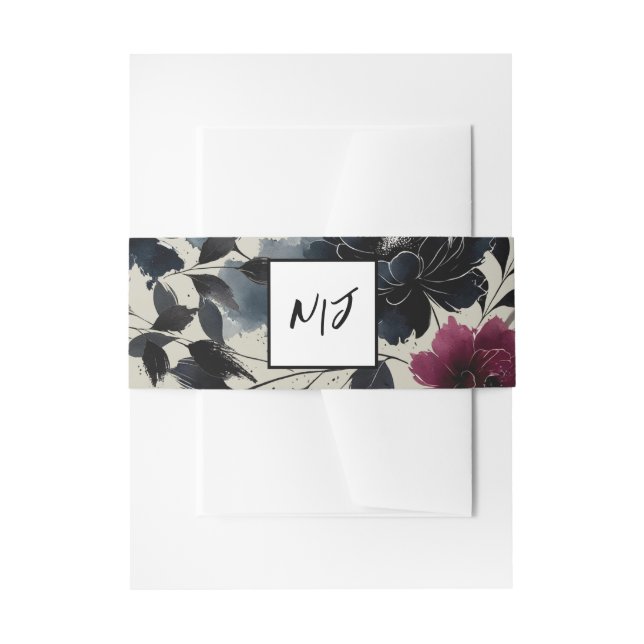 Midnight Blue Burgundy Inky Floral Almond Wedding Invitation Belly Band (Front Example)