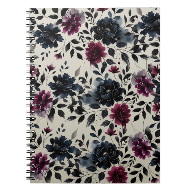 Midnight Blue Burgundy Inky Floral Almond Wedding Notebook (Front)