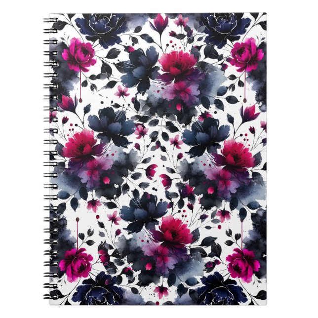 Midnight Blue Burgundy Inky Floral Almond Wedding Notebook (Front)