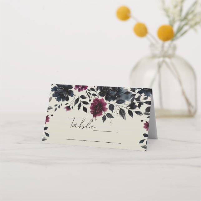 Midnight Blue Burgundy Inky Floral Almond Wedding Place Card (Front)